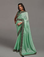 PR Fashion Pista Chinon Embroidery Lace Saree | Grocsy