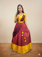 Teeya Creation New Maroon and Yellow Banarasi Silk Half Saree Lehenga Choli with Pleated Dupatta | Grocsy