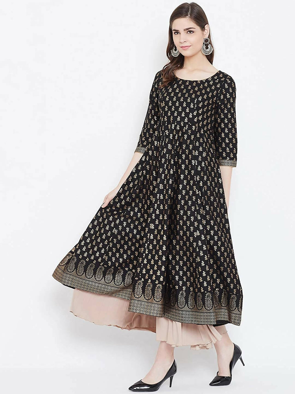 Cheera Embellished Daily Wear Cotton Blend Kurta - Black | Grocsy