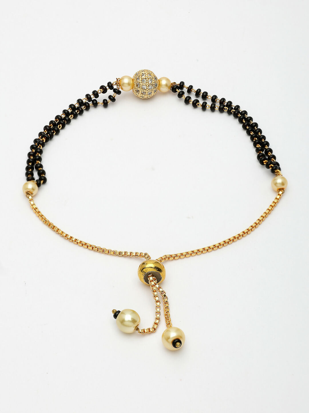 NVR Women Gold-Polished & Black Brass AD-Studded Hand Mangalsutra Bracelet | Grocsy