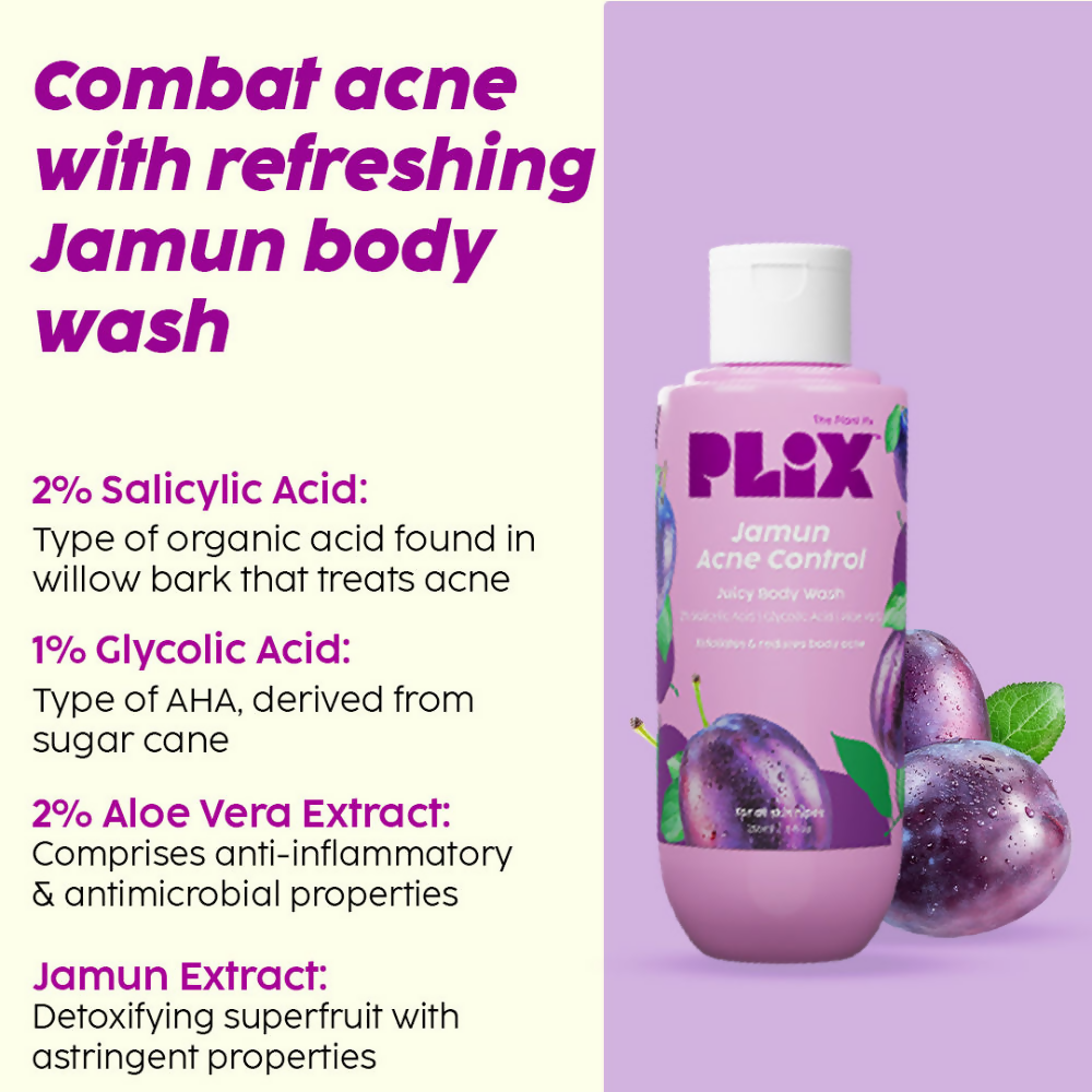 PLIX The Plant Fix Jamun Active Acne Regime With Cleanser, Body Wash & Moisturizer | Grocsy