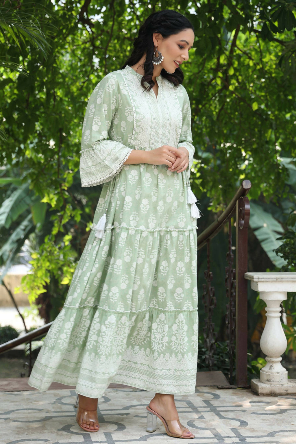 Juniper Women's Green Cambric Floral Printed Maxi Tiered Dress | Grocsy