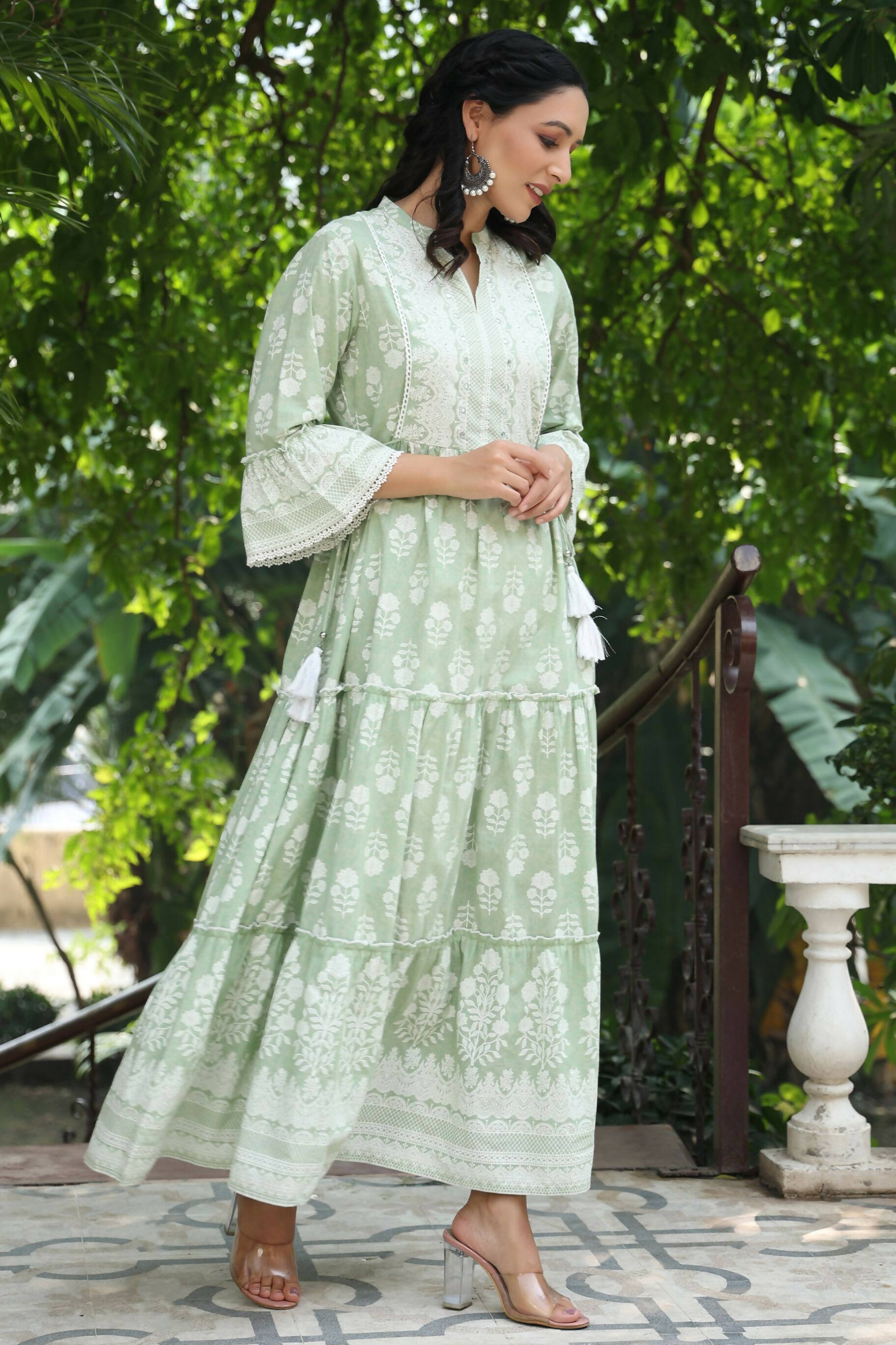 Juniper Women's Green Cambric Floral Printed Maxi Tiered Dress | Grocsy