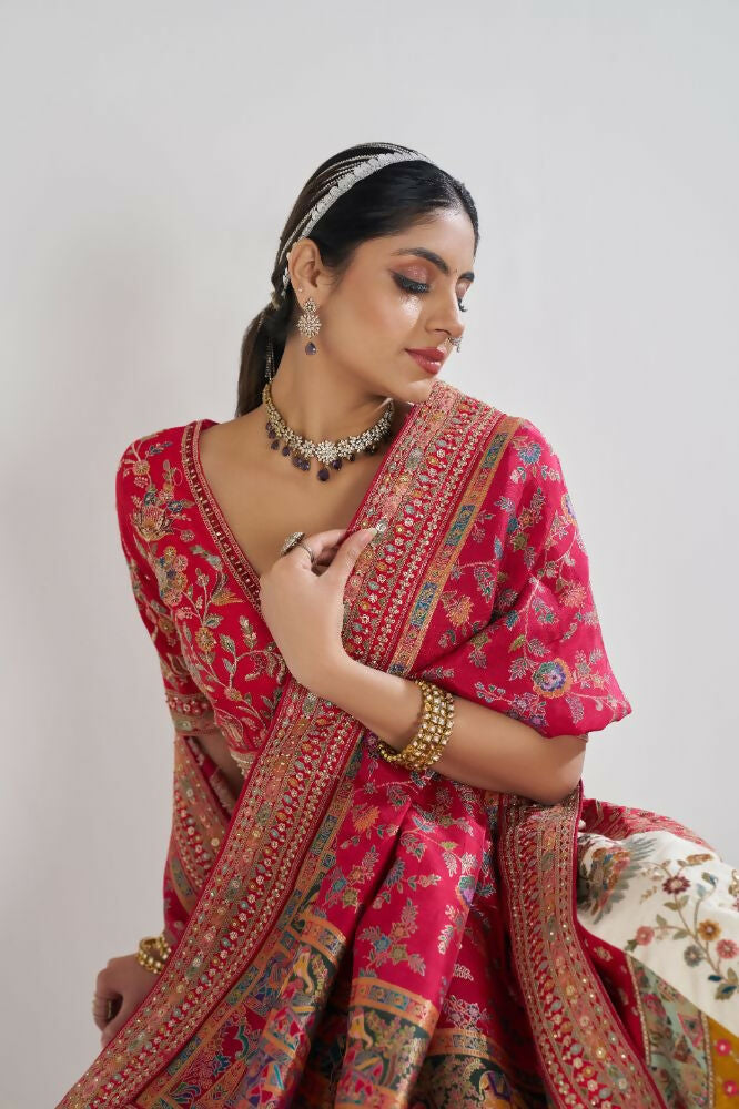 Kesar Fab White Banarasi Silk Embroidered Lehenga | Grocsy