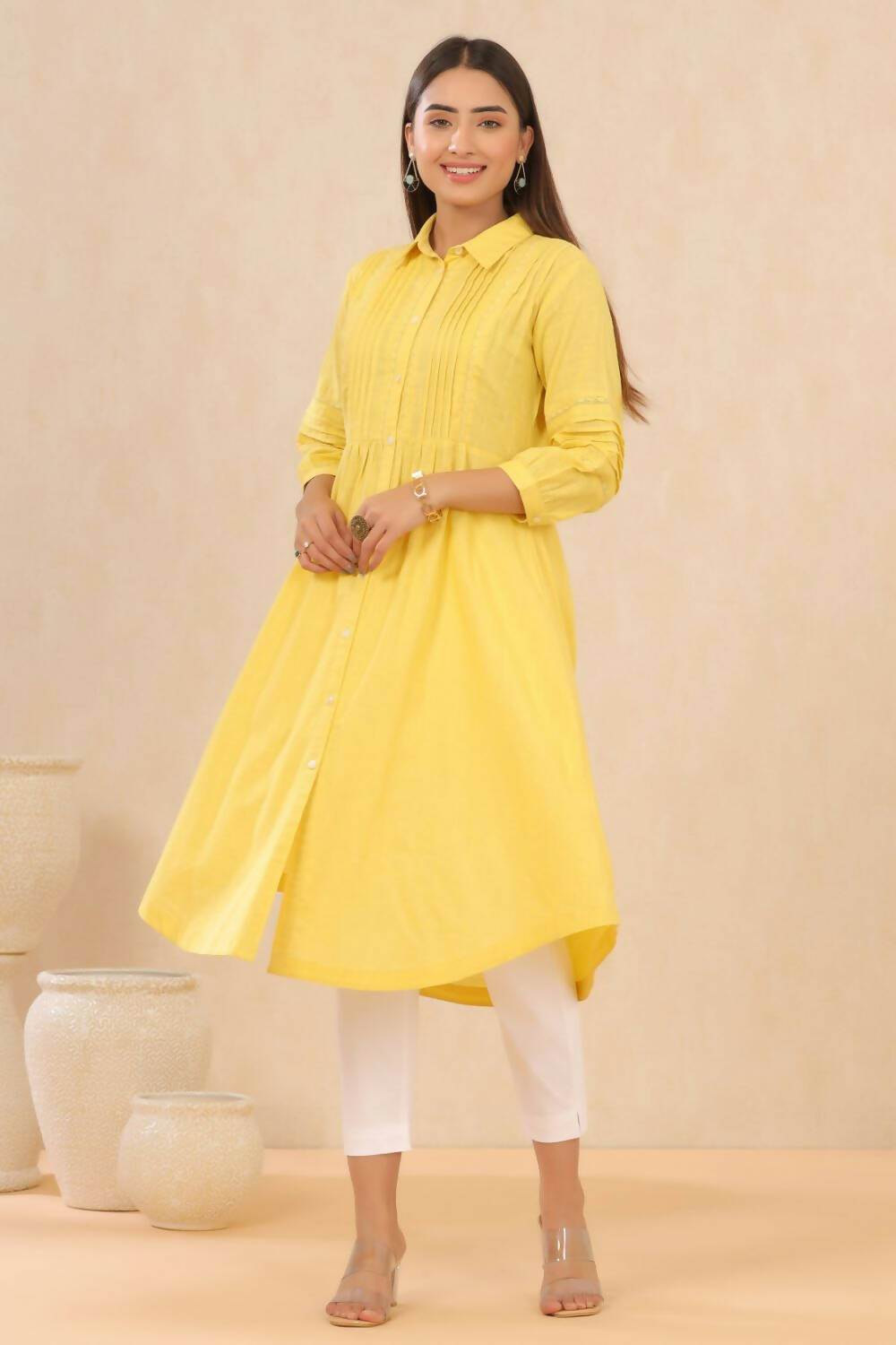 Juniper Womens Blush Yellow Cotton Slub Solid Mid Length Shirt Dress With Lace Detailing | Grocsy