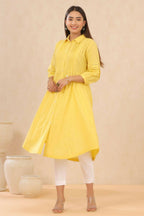 Juniper Womens Blush Yellow Cotton Slub Solid Mid Length Shirt Dress With Lace Detailing | Grocsy