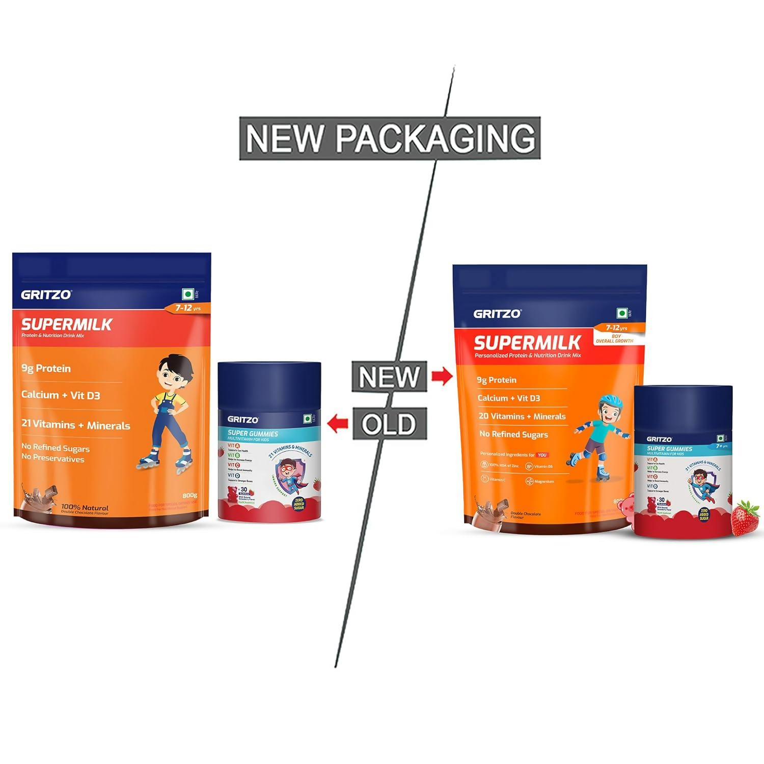 Gritzo SuperMilk Overall Growth (7-12y Boys) - Double Chocolate, with Super Gummies - Strawberry | Grocsy