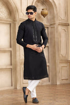 Raivat Ethnic Banarasi Art Silk Mirror Work Kurta Pajama In Black Colour | Grocsy
