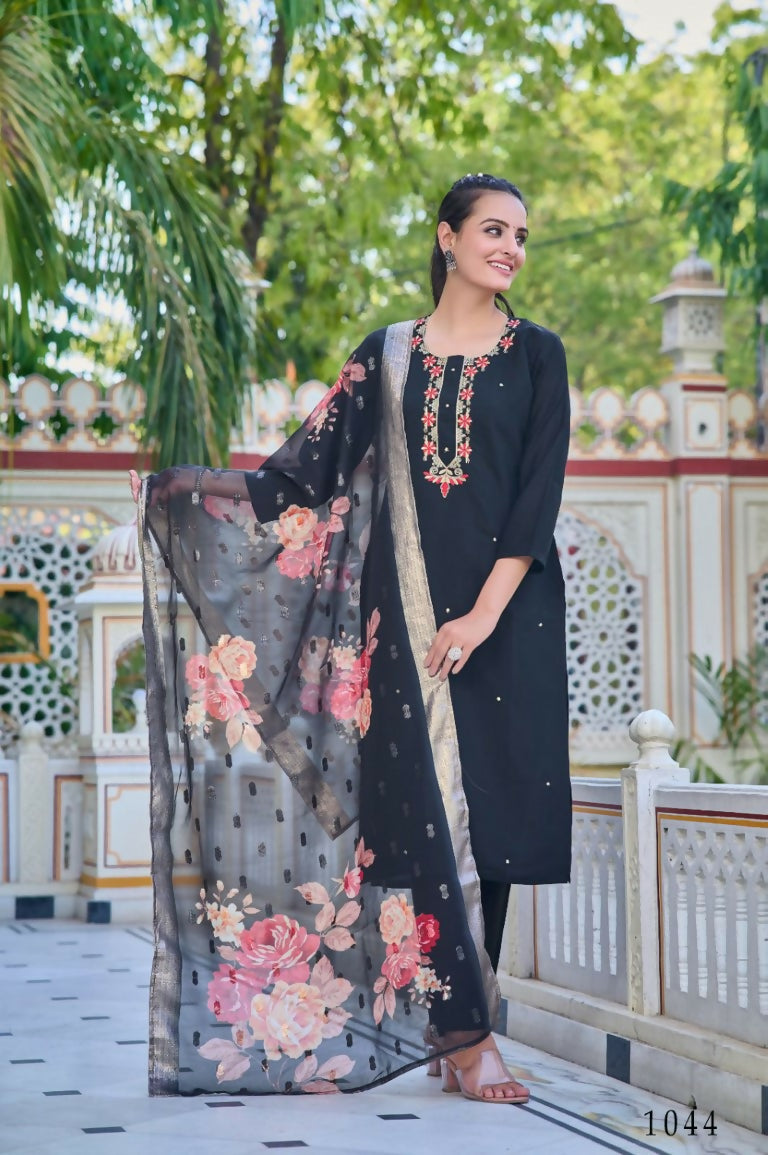 Partywear Designer Chanderi Black Stitched Suit With Dupatta - Tanisha | Grocsy