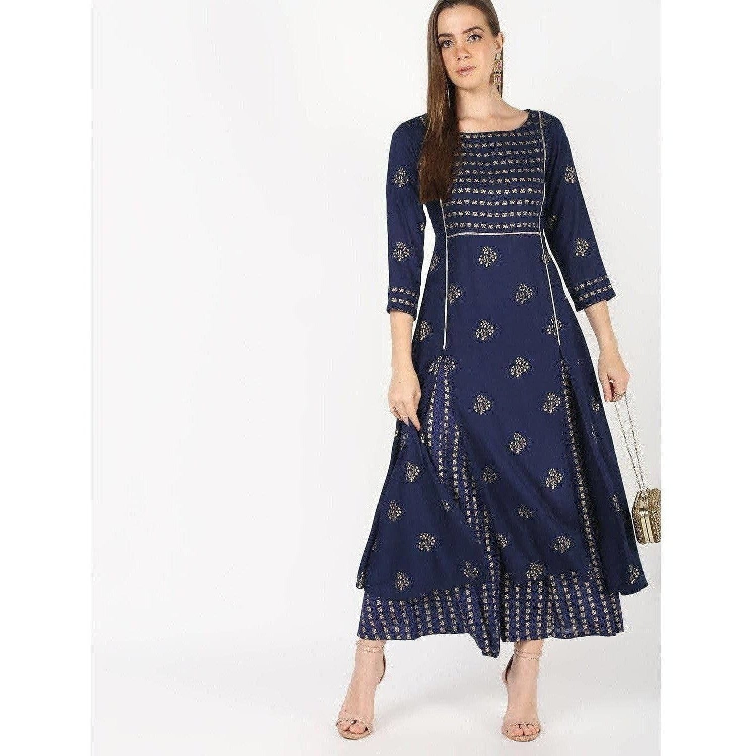 Cheera Flair A-Line Kurta With Front Slit Cut With Kalidar Palazzo With Foil Print (CH044K) | Grocsy