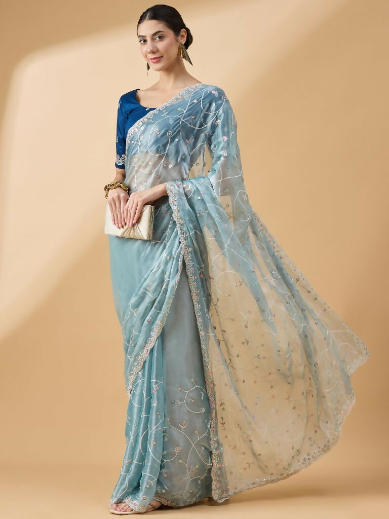 Blue Organza Sequence Embroidered Saree with Unstitched Blouse - Satya | Grocsy