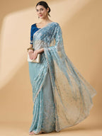 Blue Organza Sequence Embroidered Saree with Unstitched Blouse - Satya | Grocsy