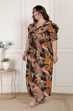 Miravan Womens Plus Size Pure Cotton Black Puff Sleeve Floral Printed Butterfly Maxi Dress | Grocsy