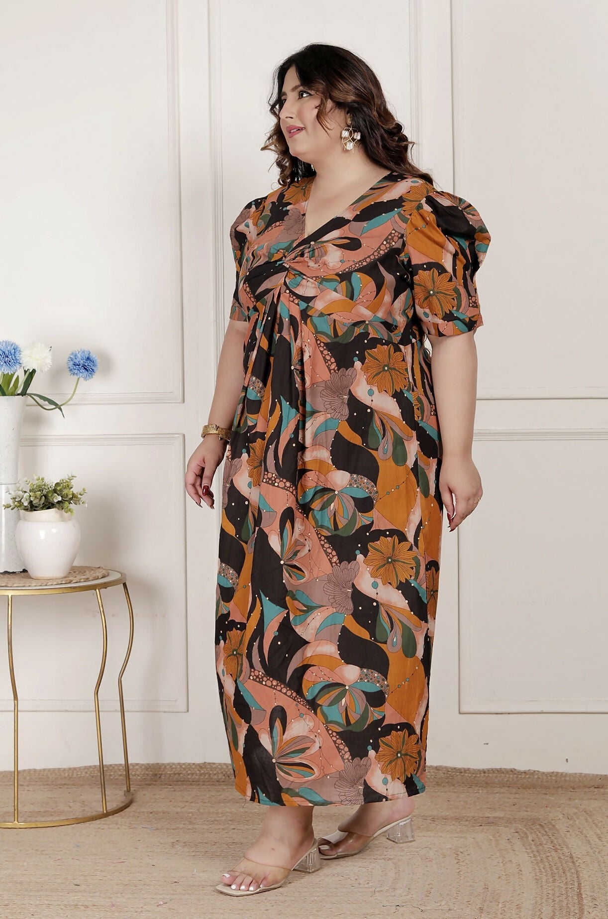 Miravan Womens Plus Size Pure Cotton Black Puff Sleeve Floral Printed Butterfly Maxi Dress | Grocsy