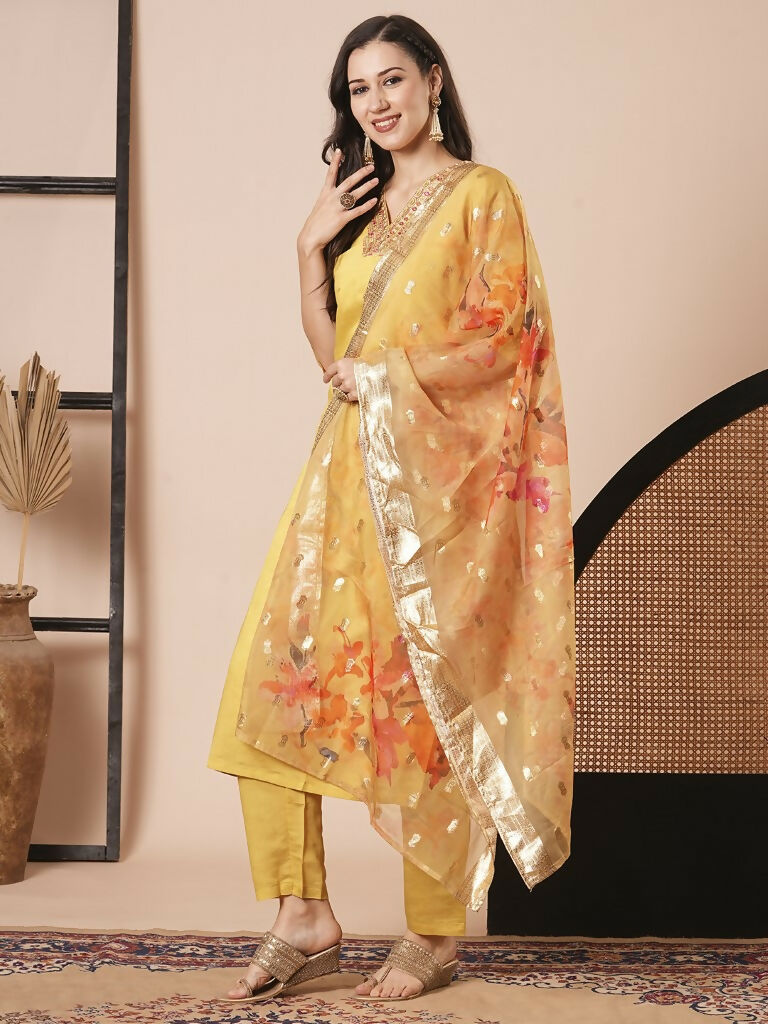 Yellow PV Chanderi Embroidery Work,Printed Kurta Set - Riya | Grocsy