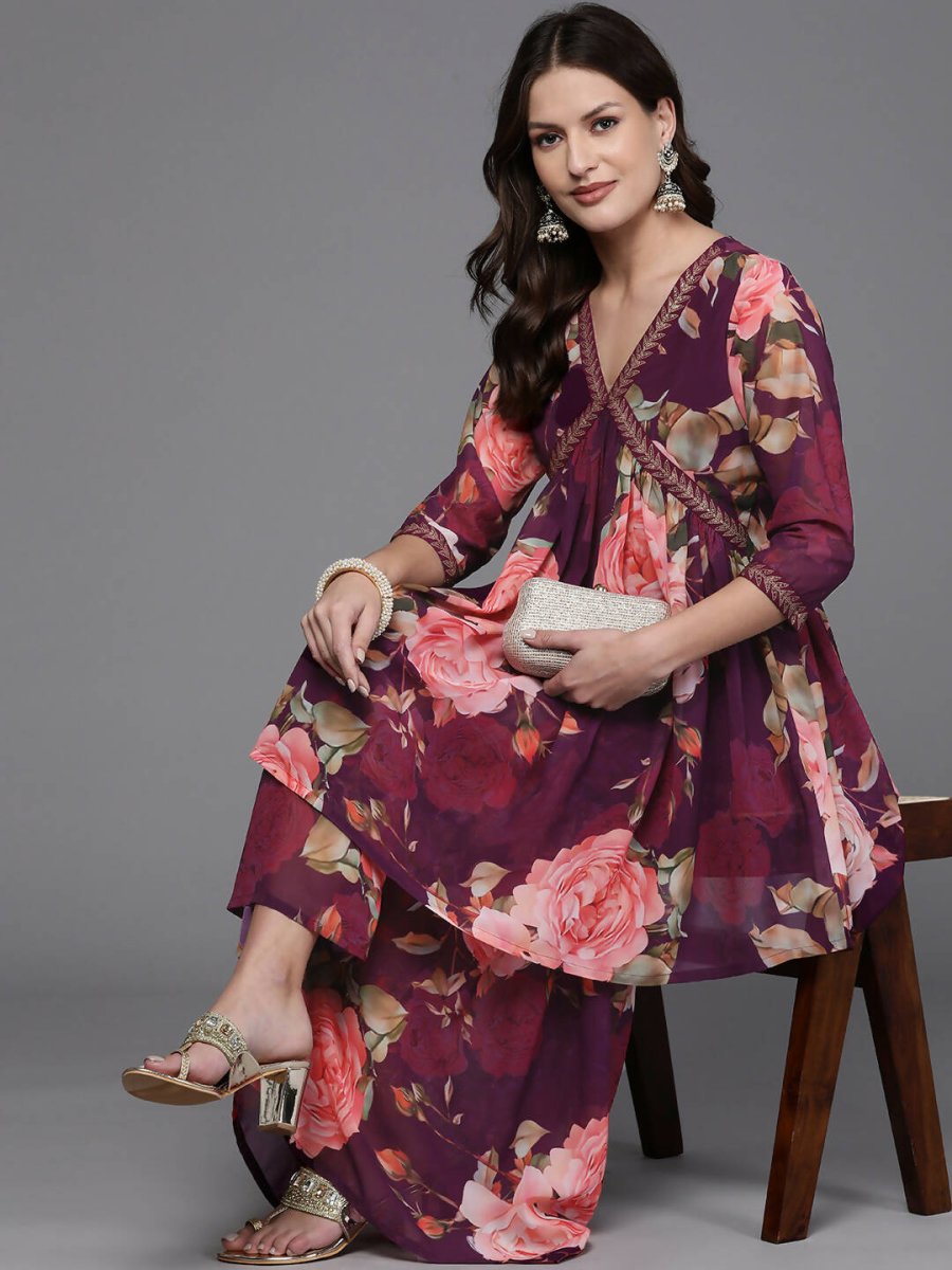 Ahalyaa Women Floral Printed Tunic with Sharara - Black Color | Grocsy