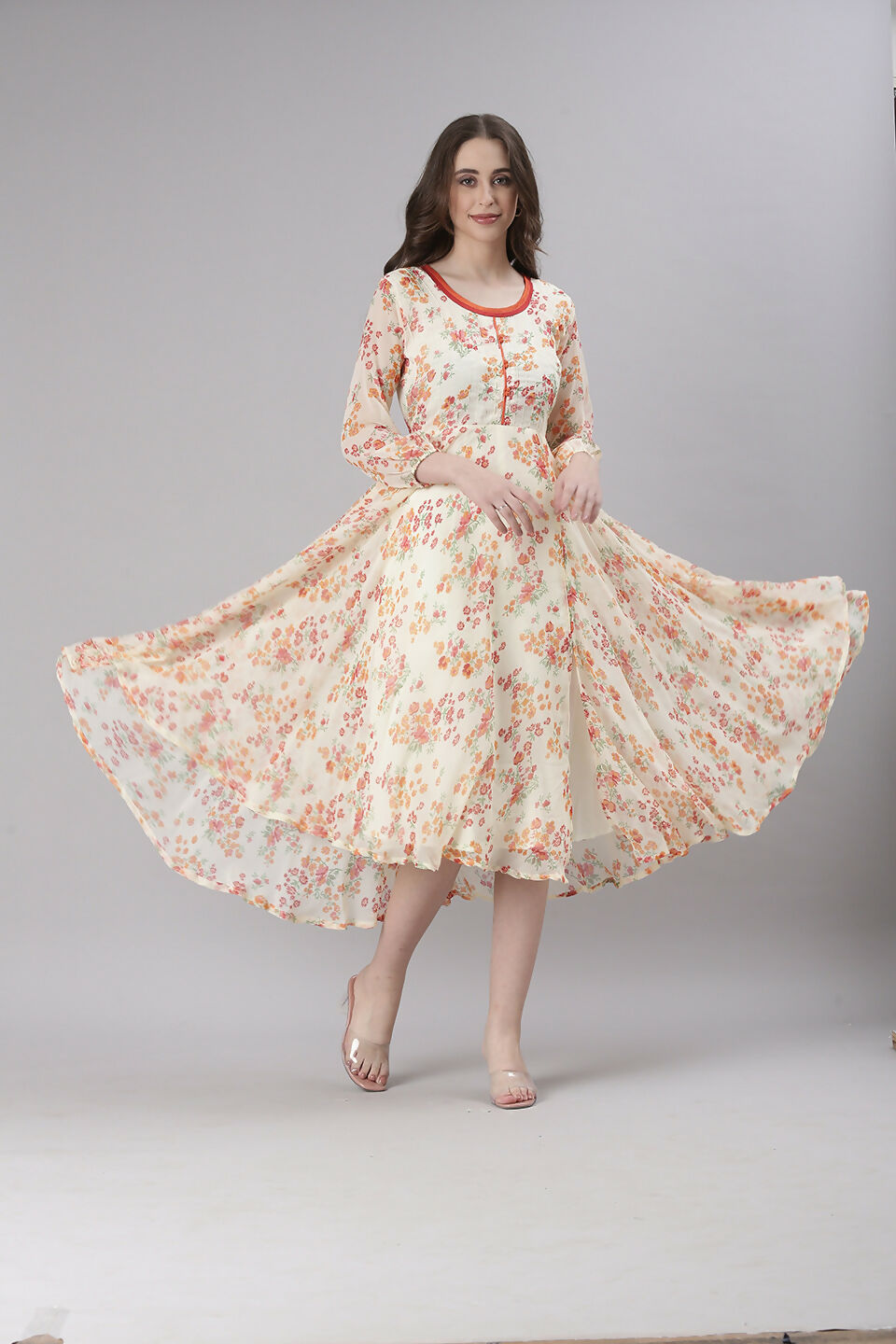 Souchii Cream Floral Printed Fit & Flare Dress | Grocsy
