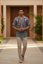 Sunduo — Grey Dual Floral Embroidered Cotton Shirt by Hilo Design | Grocsy
