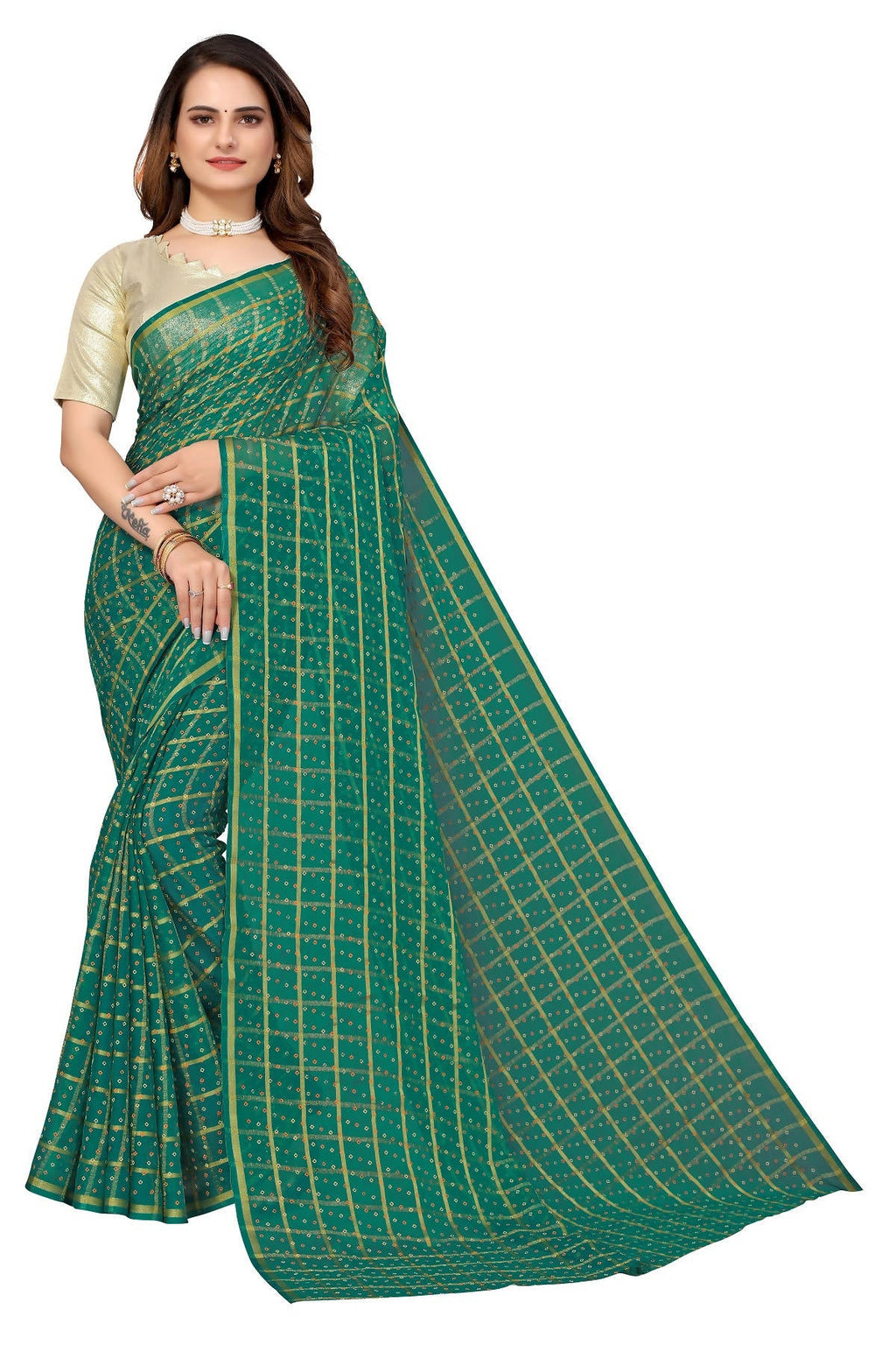 Vamika Ethnic Fire Green Jari Work Chiffon Saree | Grocsy