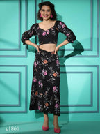 Black Crepe Floral Printed Top with Matching Skirt - Shivani | Grocsy