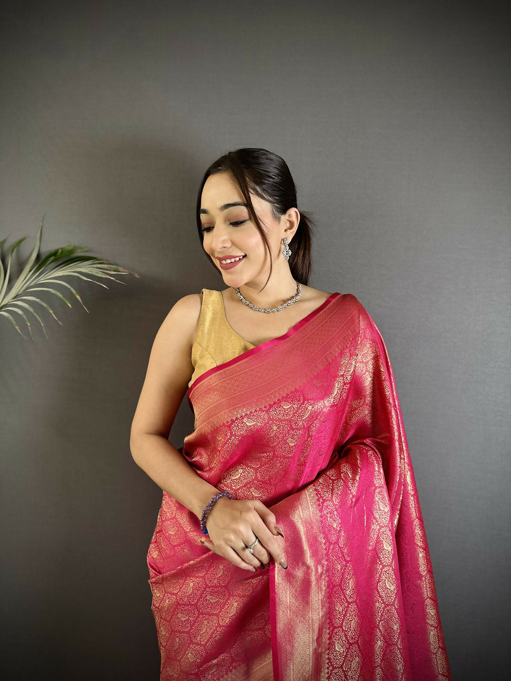 Joban Fashion Rani Pink Paisley & Floral Soft Satin Silk Banarasi Silk Saree | Grocsy