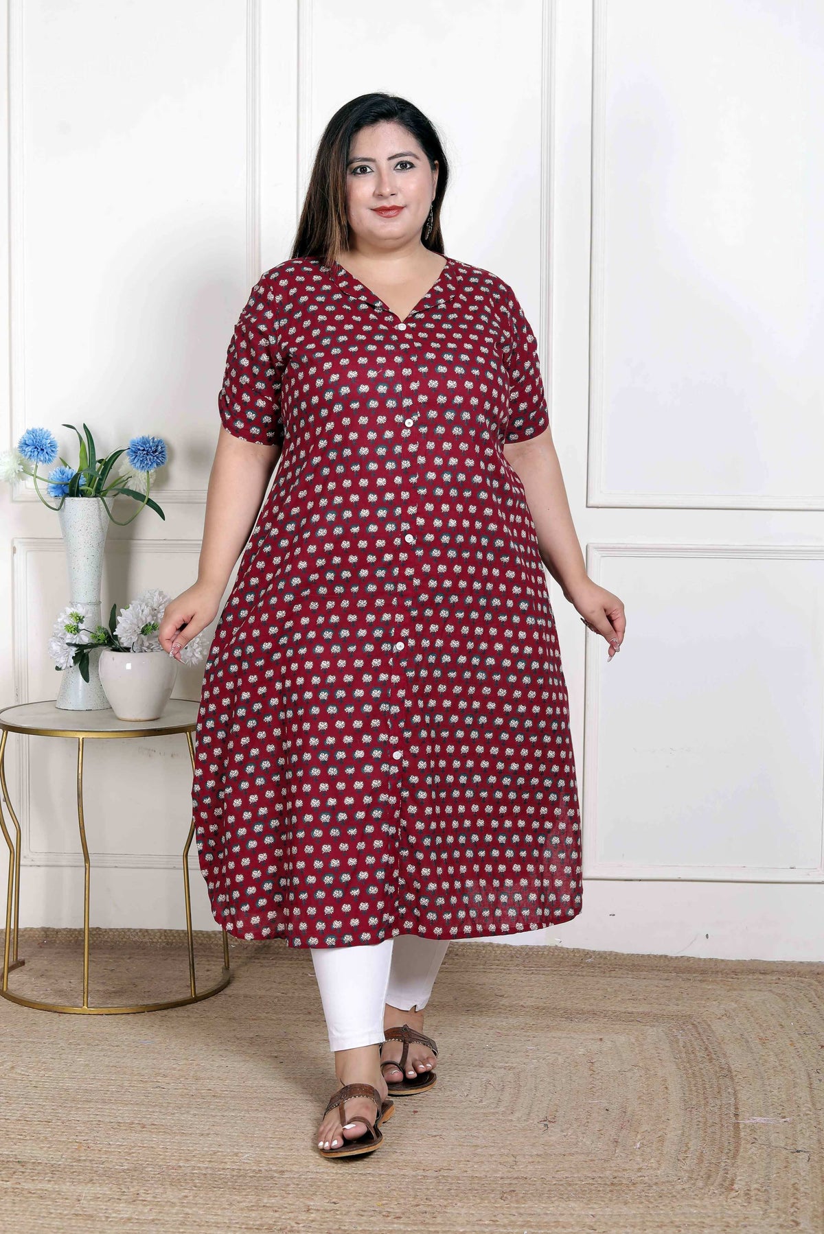 Miravan Women's Plus Size Relaxed Fit Red Floral Printed A-Line Pure Cotton Kurta | Grocsy