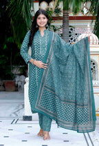 Miravan Women's Cotton Straight Style Blue Kurta With Palazzo And Dupatta | Grocsy