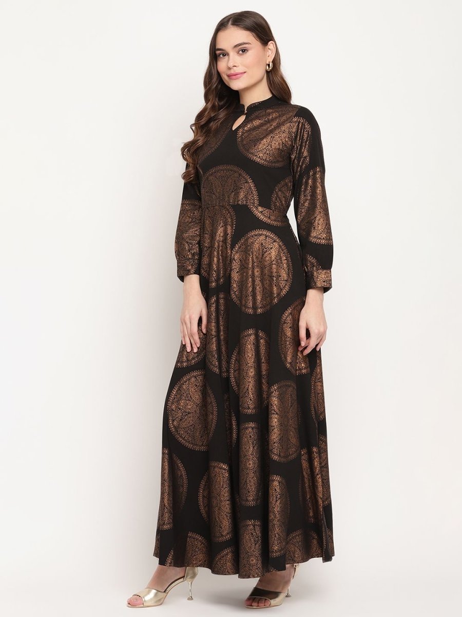 Ahalyaa Women Black Crepe Copper Foil Print Dress | Grocsy