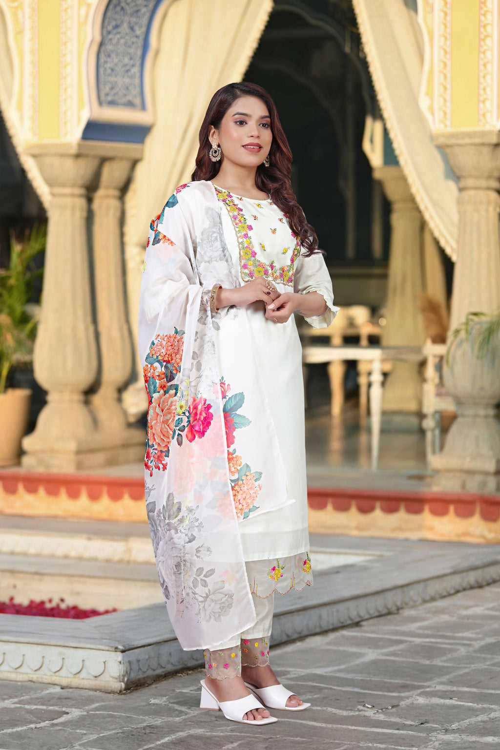The52 Women's Beautiful Chanderi Fabric Embroidery Work Straight Kurta Pant and Dupatta Set | Grocsy