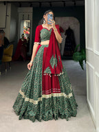 Vastranavya Navaratri Special Pure Cotton Printed With Gota Patti And Lace Touch Up Lehenga with Stitched Choli - Green | Grocsy