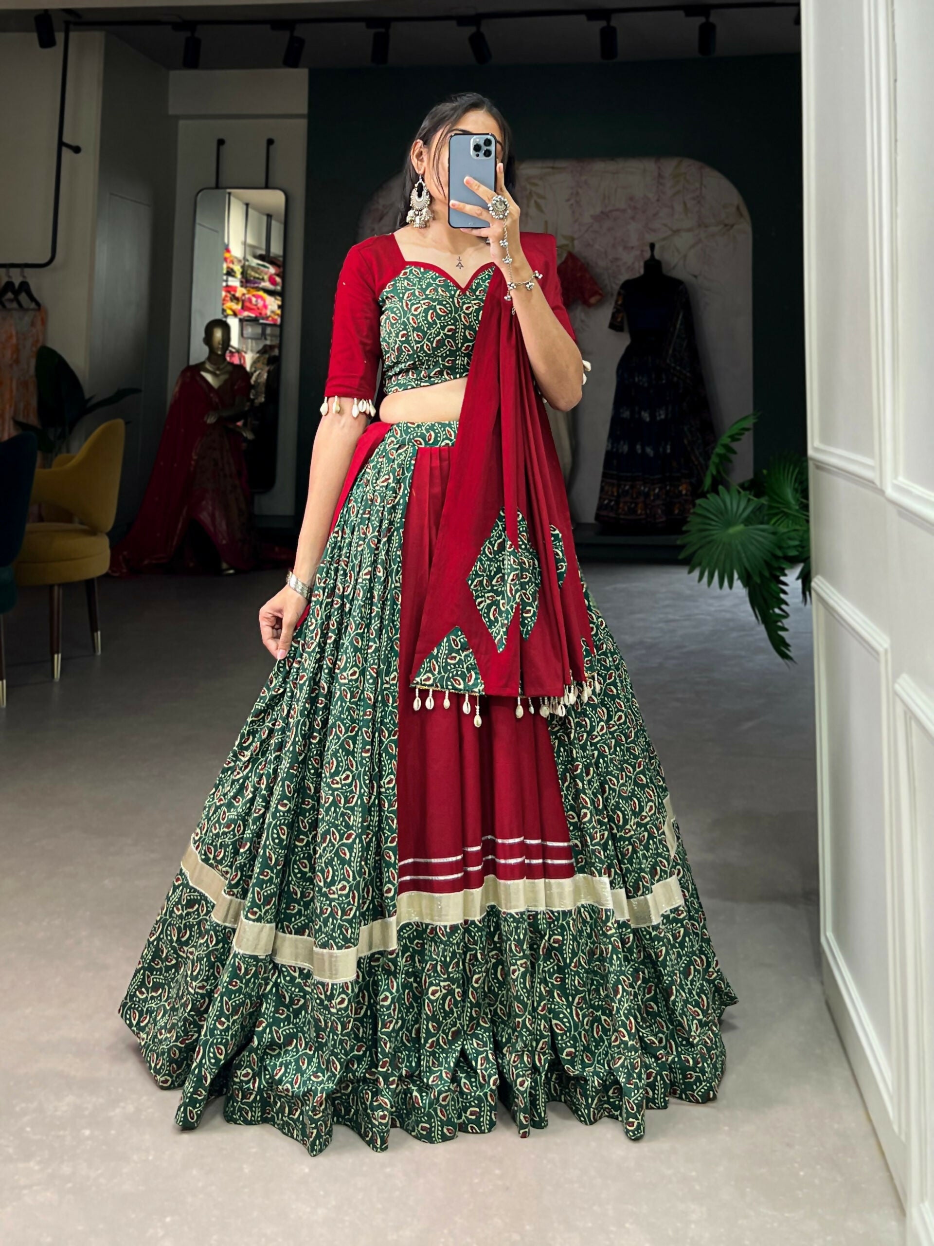 Vastranavya Navaratri Special Pure Cotton Printed With Gota Patti And Lace Touch Up Lehenga with Stitched Choli - Green | Grocsy