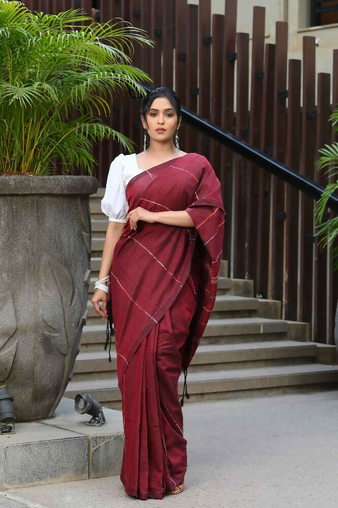 Beatitude Maroon Khadi Ghicha Stripes Saree | Grocsy
