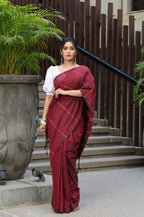 Beatitude Maroon Khadi Ghicha Stripes Saree | Grocsy