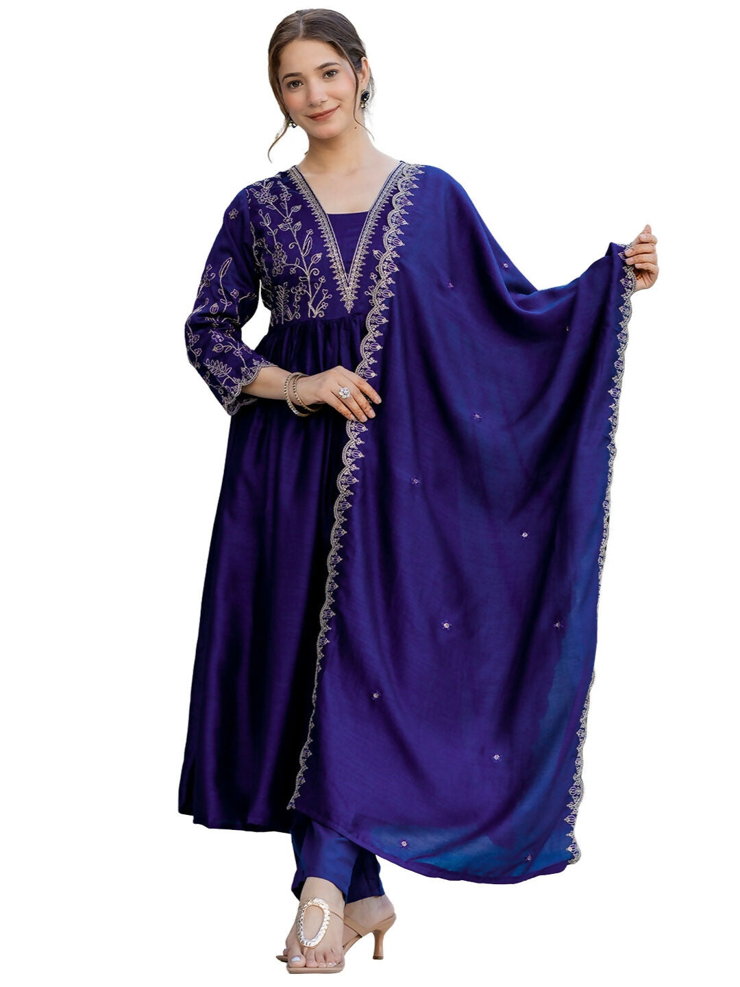 The52 Blue Women's Beautiful Embroidered Vichitra Silk Fabric with Flared Kurta, Pant and Dupatta Set | Grocsy