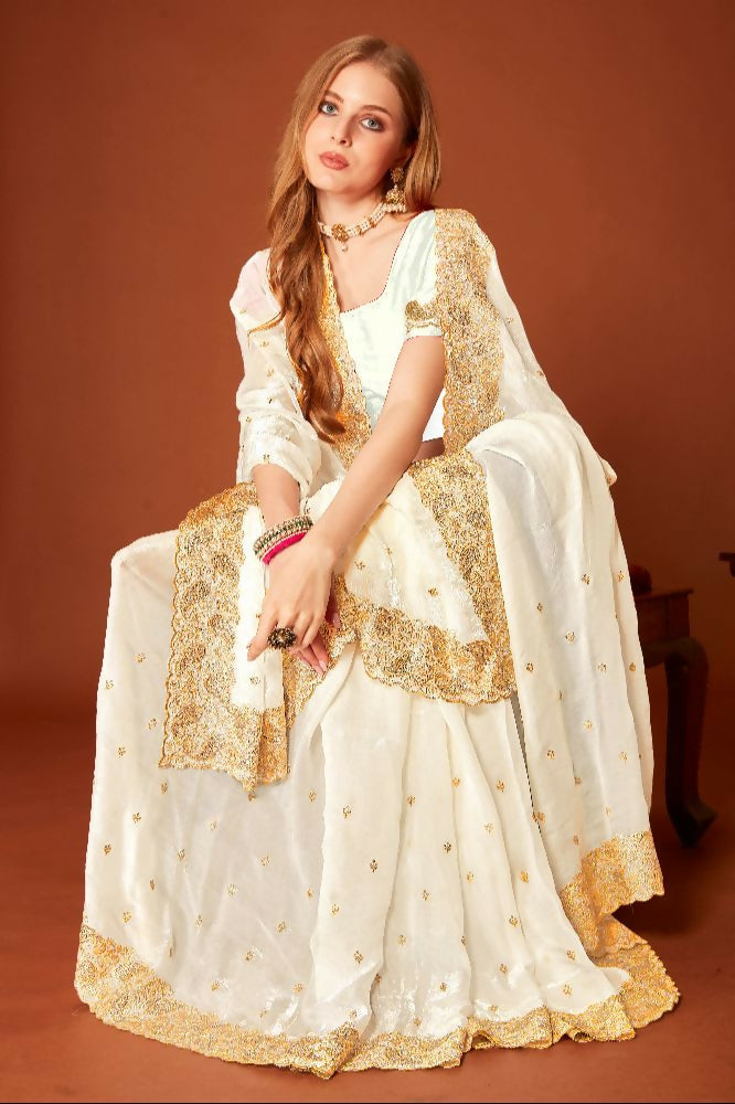 PR Fashion White Fendi Two Tone Silk Heavy Zari Embroidery Work With Heavy Siroski Work Saree | Grocsy