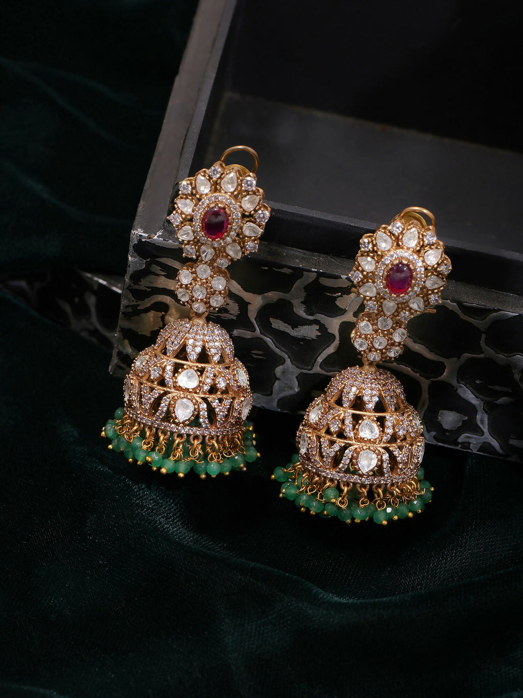 Ruby Raang Gold Polished Kundan Work Multi-Color Diamond And Stone Jhumka Earrings | Grocsy