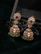 Ruby Raang Gold Polished Kundan Work Multi-Color Diamond And Stone Jhumka Earrings | Grocsy
