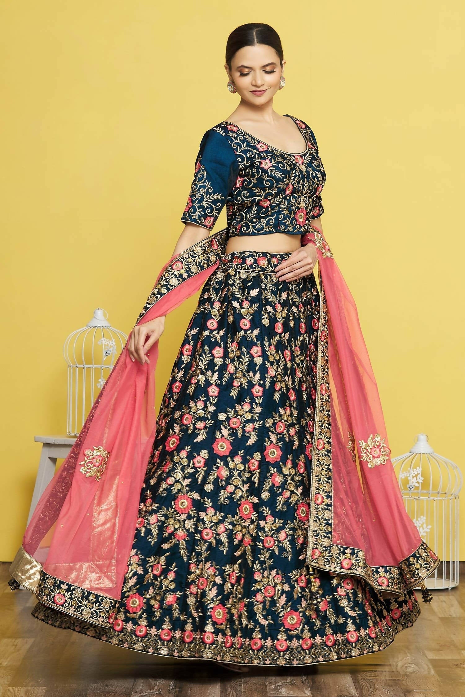 Blue Silk Semi-Stitched Wedding Bridal Lehenga - Nimaya | Grocsy