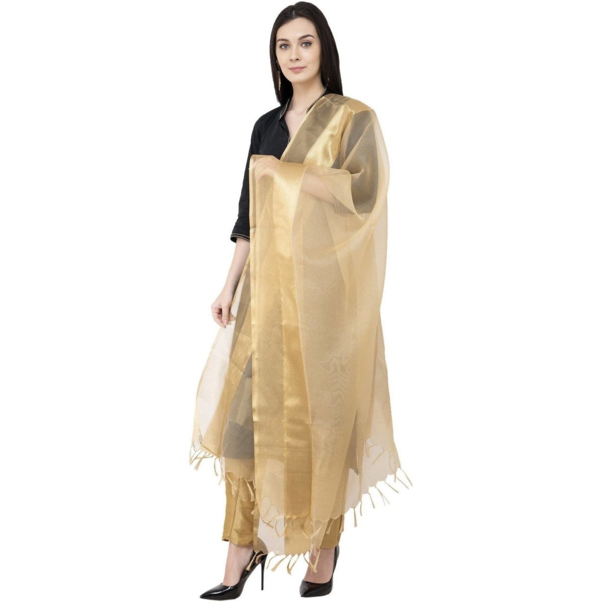 A R Silk VNS Tissue Zari Fancy Dupatta Golden Color Dupatta or Chunni | Grocsy