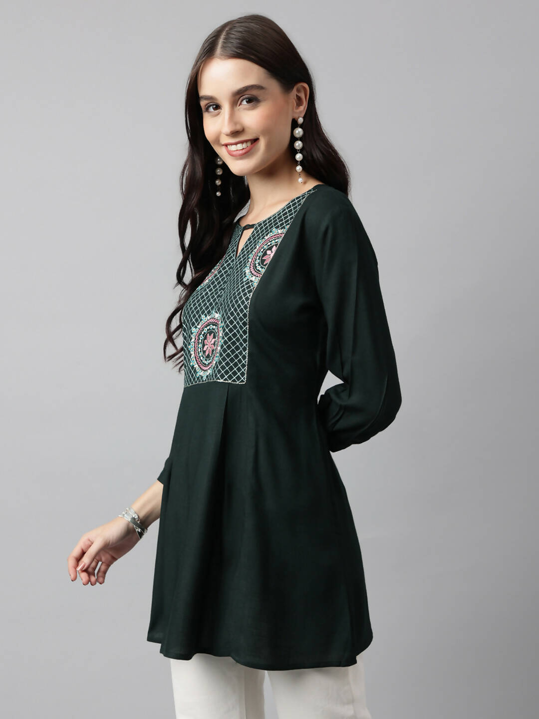 Green Rayon Yoke Embroidered A-line Top - Tarini | Grocsy