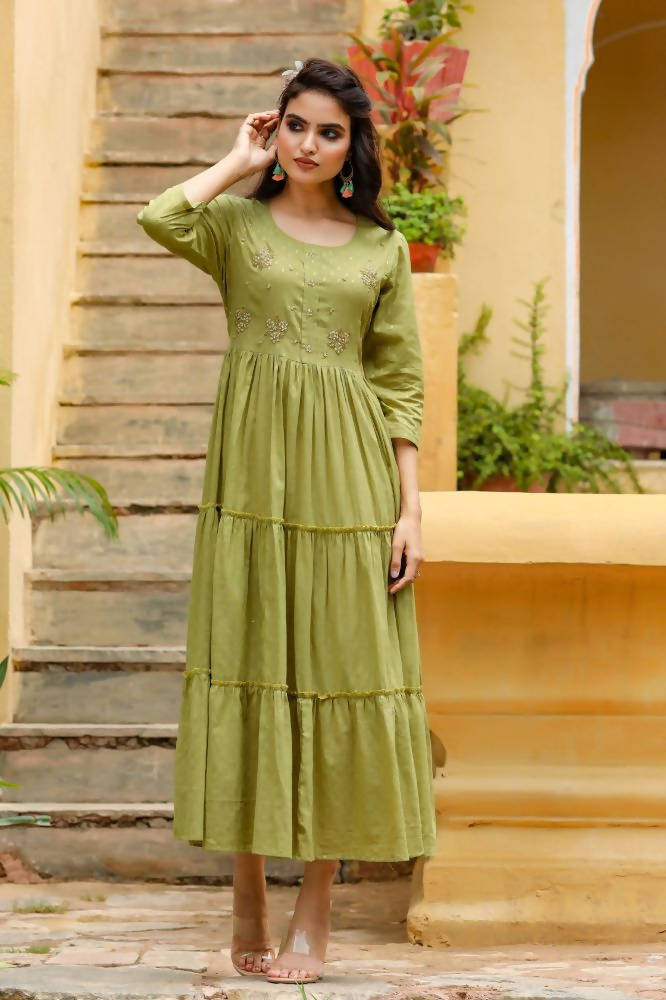 Yufta Green Cotton Dobby Dress | Grocsy