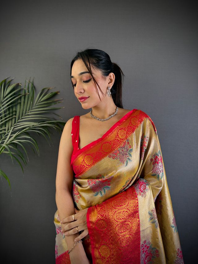 Elora Gold Silk Leheriya Meenakari Zari Weaves Dharmavaram Saree | Grocsy
