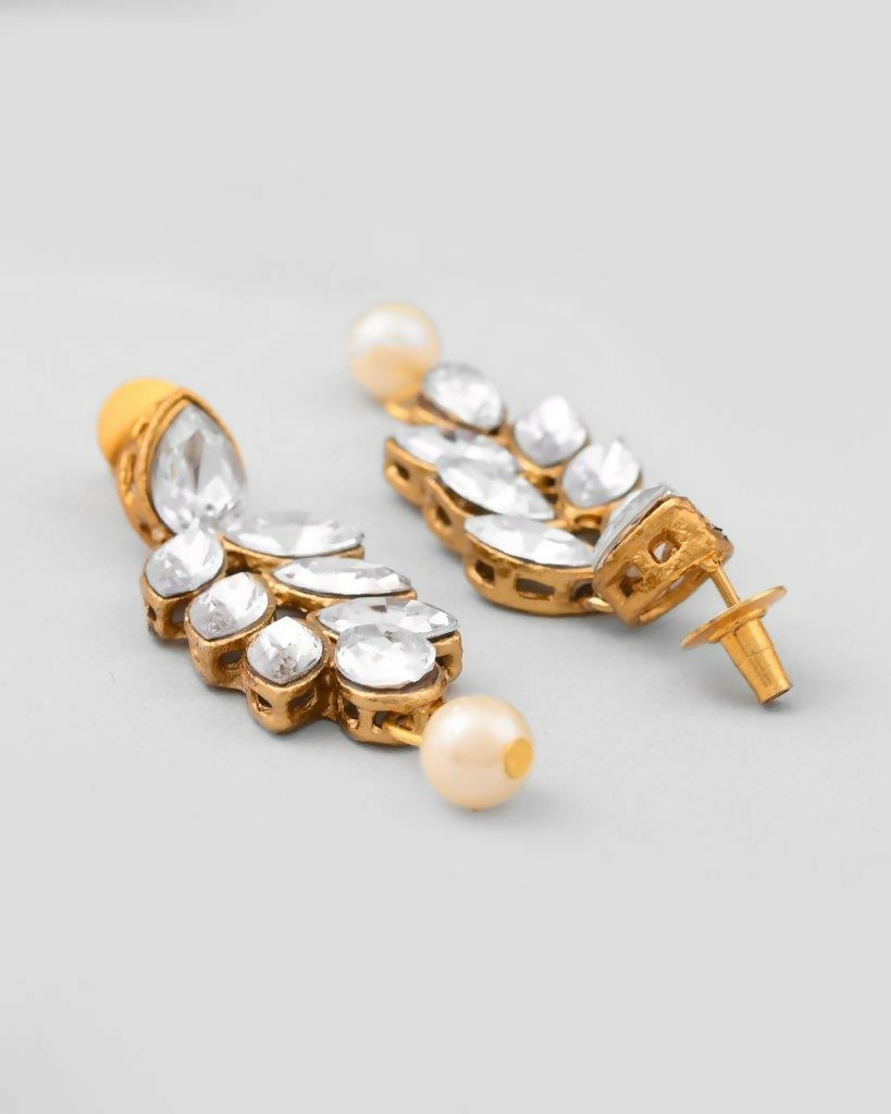 VOJ Gold-Polished Kundan Studded Pearl Long Necklace And Earrings Set | Grocsy