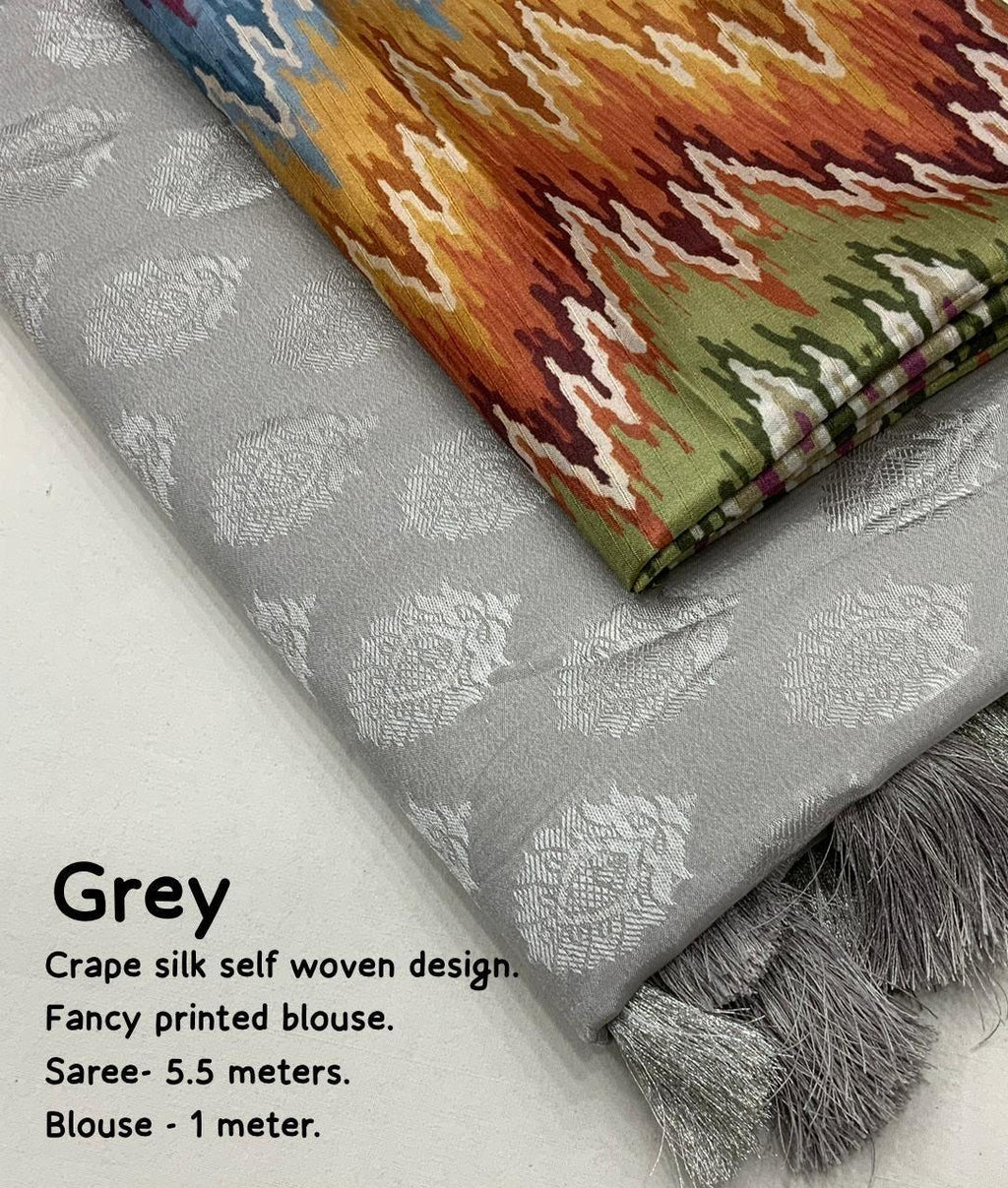 Grey Poly Crepe Ethnic Motifs Saree with Unstitched Blouse - Hiral Fashion | Grocsy