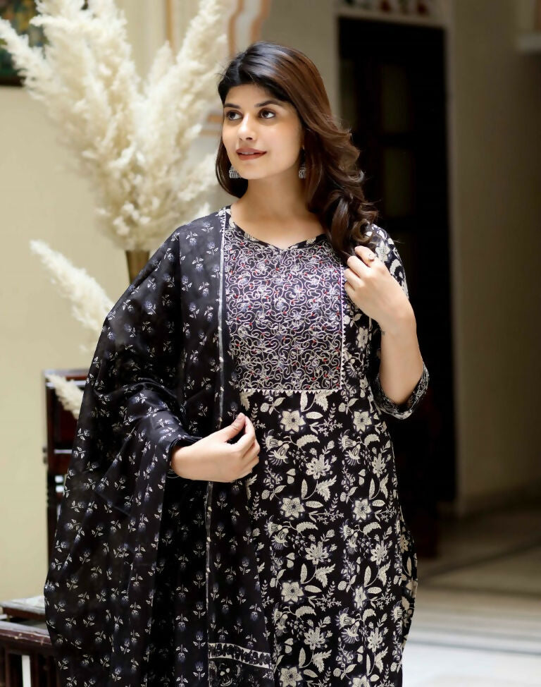 Miravan Women's Black Floral Printed Kurta Palazzo With Dupatta Set | Grocsy