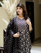 Miravan Women's Black Floral Printed Kurta Palazzo With Dupatta Set | Grocsy