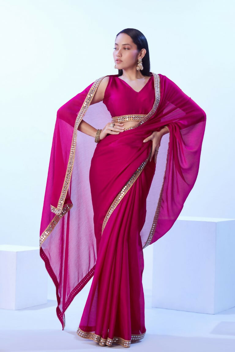 Pink Satin Chiffon Solid Designer & Lace Work Saree - Samaa | Grocsy
