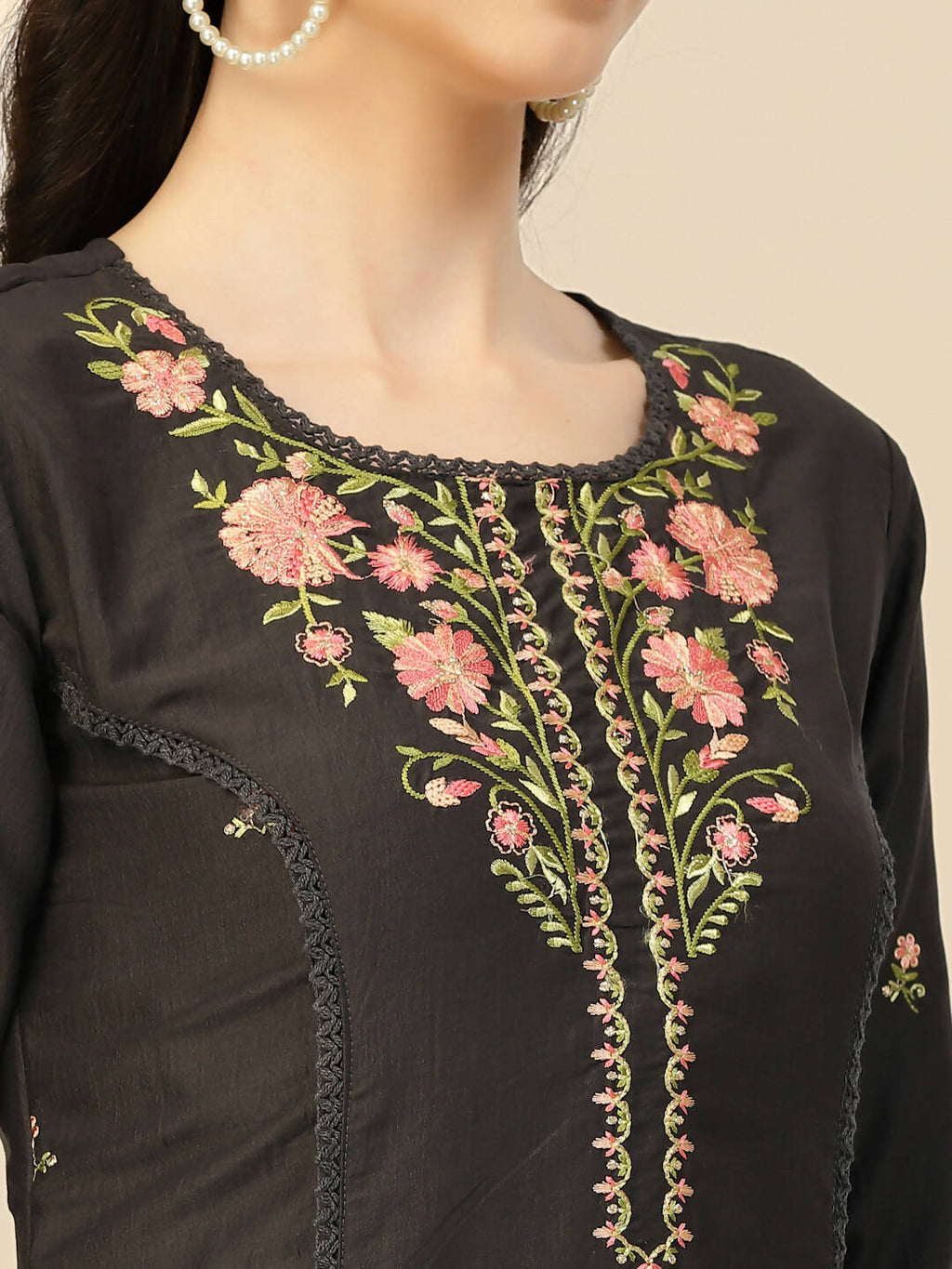 Black Embroidered Chinon Straight Kurta With Trouser & Dupatta - Salimar | Grocsy