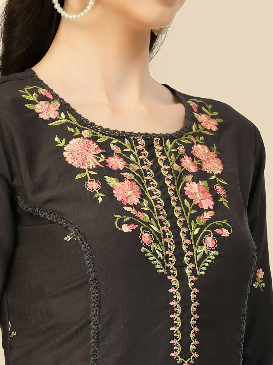 Black Embroidered Chinon Straight Kurta With Trouser & Dupatta - Salimar | Grocsy