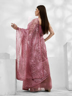 Pink Net Organza Sequance,Thread Embroidery Work Saree with Unstitched Blouse - Vandini | Grocsy
